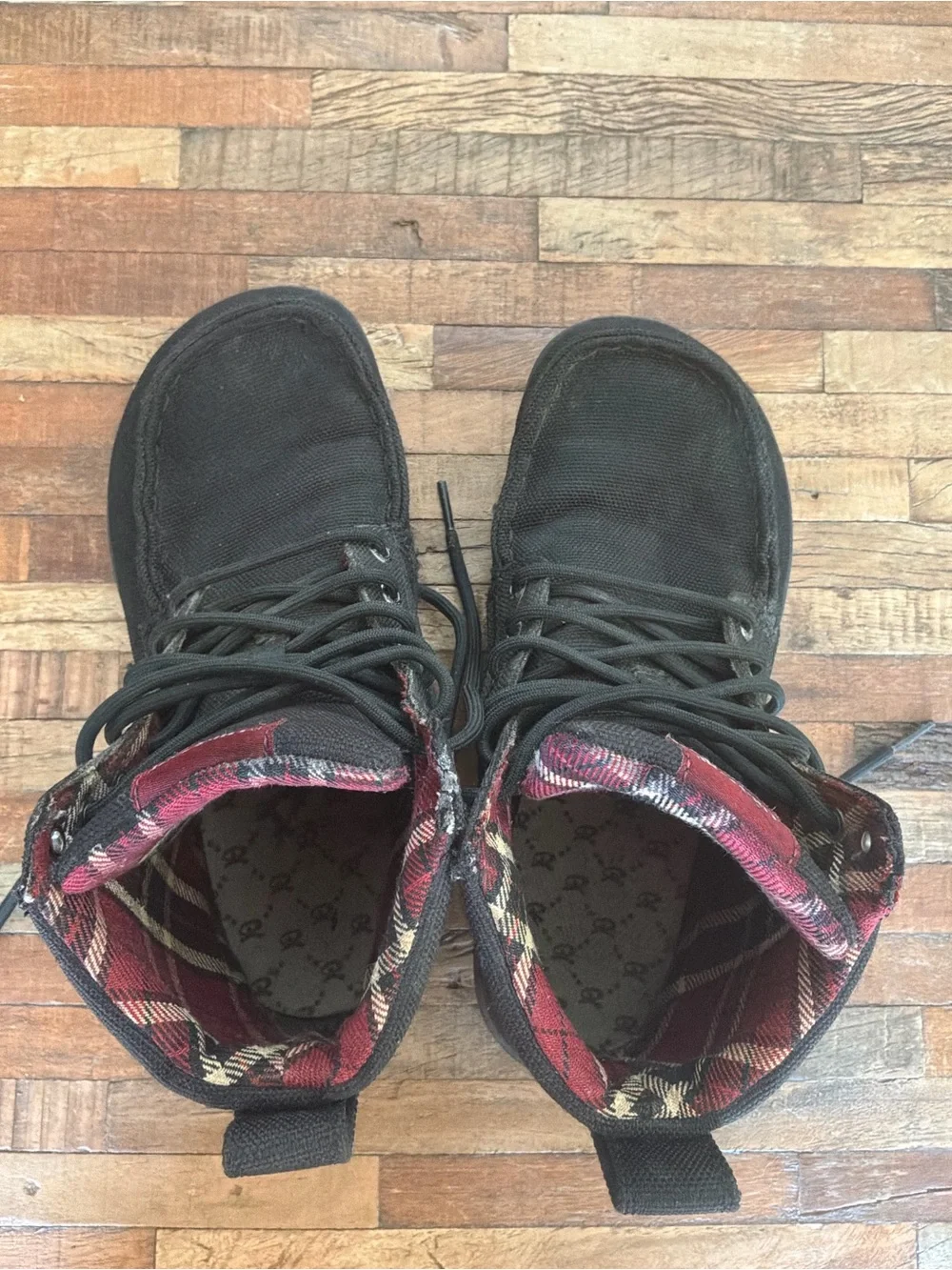 Canvas High-Top Boots in Black with Red Plaid Lining